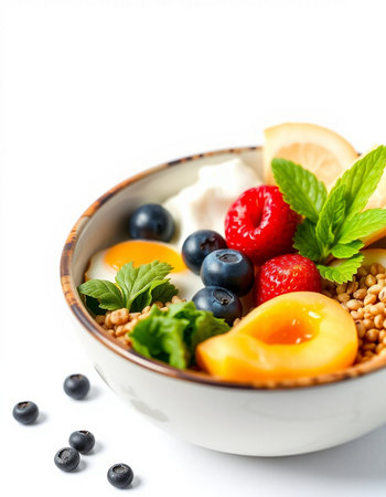 Healthy breakfast bowl with oatmeal, berries, fruits and yogurtの写真素材