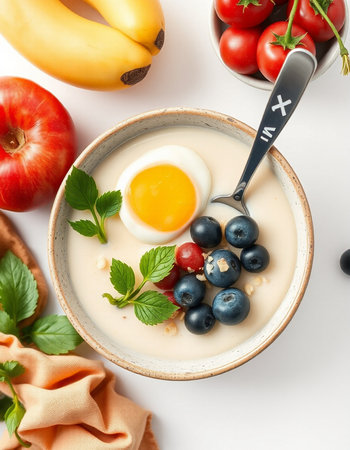Healthy breakfast bowl with oatmeal porridge, fresh berries and eggの写真素材