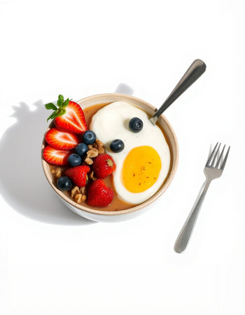 Breakfast with oatmeal, fresh berries and yogurt on white backgroundの写真素材