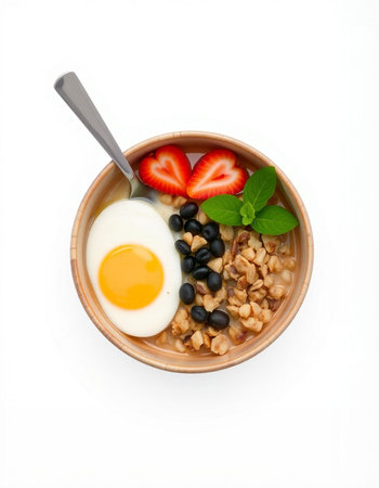 Oatmeal porridge with strawberry, black olives and egg isolated on white background