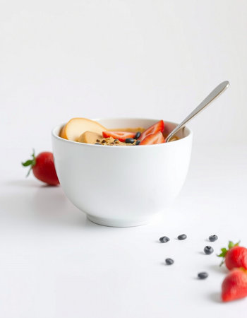 bowl of muesli with strawberries and blueberries on white background