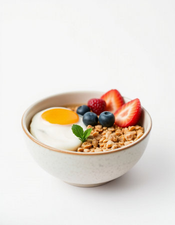 bowl of muesli with fresh berries on white background