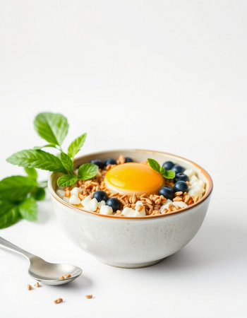 Healthy breakfast with granola, yogurt and egg yolk on white backgroundの写真素材