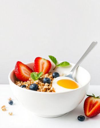Healthy breakfast with muesli, yogurt and fresh berries on white background
