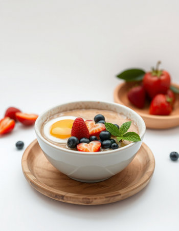 Oatmeal porridge with fresh berries on white backgroundの写真素材