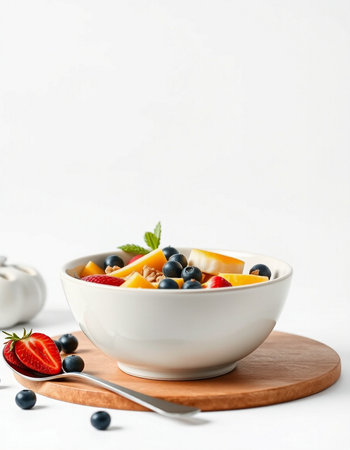 Healthy breakfast. Fresh fruit salad in white bowl on white backgroundの写真素材