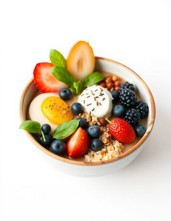 Oatmeal with berries in a bowl isolated on white background.の写真素材