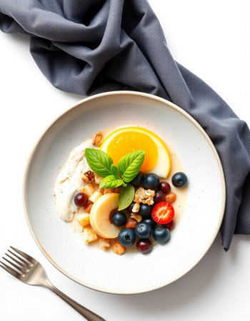 Fruit salad with pear, blueberry, apple and walnutの写真素材