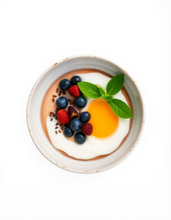Yogurt with fresh berries, isolated on white backgroundの写真素材