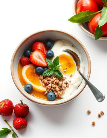 Greek yogurt with fresh berries and granola in bowl on white background