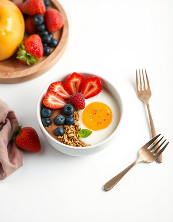 Healthy breakfast with oatmeal, berries and yogurt on white backgroundの写真素材