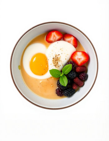 Fried eggs with berries and mint isolated on a white background.