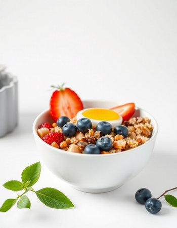 Healthy breakfast with oatmeal, berries and egg on white background