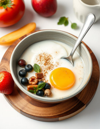 Breakfast with omelet, fruits and berries on white background