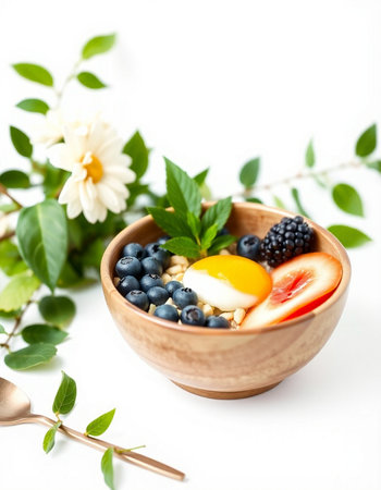 Healthy breakfast with oatmeal, berries and fruits in wooden bowlの写真素材