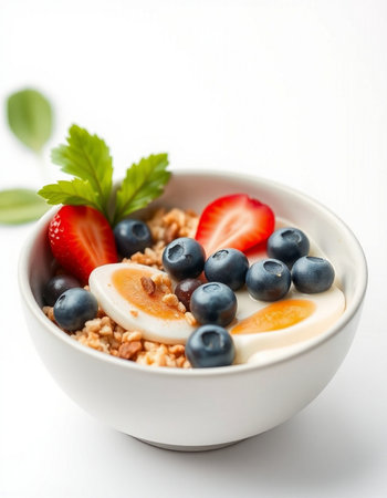 Healthy breakfast with oatmeal, berries and yogurt on white background