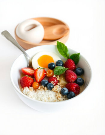 Oatmeal porridge with fresh berries and egg on a white backgroundの写真素材
