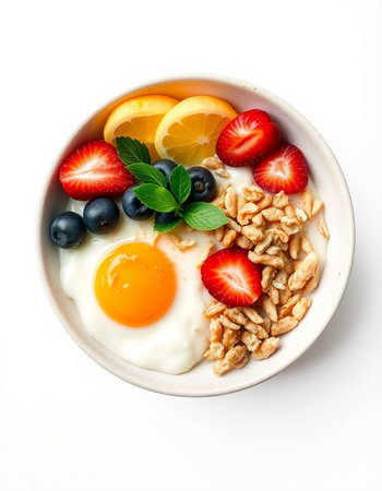 Breakfast with oatmeal, berries and fried egg isolated on white background