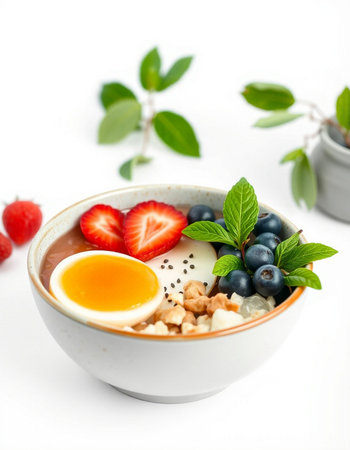 Healthy breakfast bowl with berries and eggs on white background