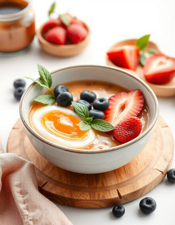 Healthy breakfast bowl with yogurt, berries and eggs on white backgroundの写真素材