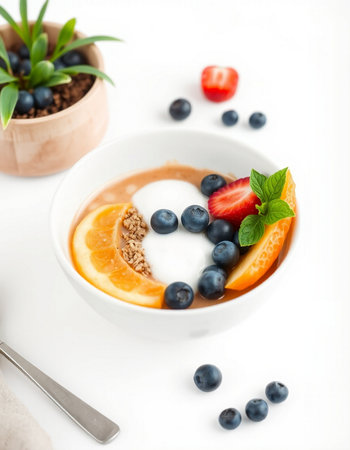 Healthy breakfast bowl with yogurt, berries and granola on white backgroundの写真素材