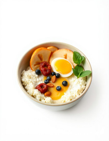 Healthy breakfast with rice, eggs and fruits isolated on white backgroundの写真素材