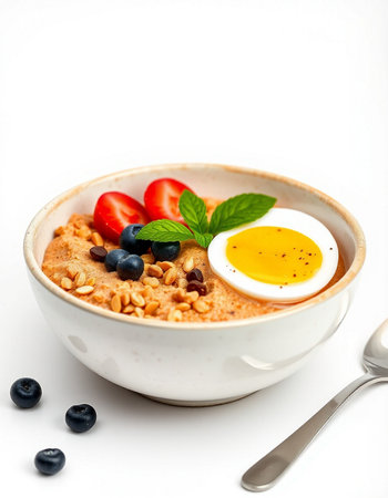 Bowl of oatmeal porridge with berries and egg on white background