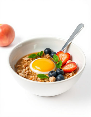 Oatmeal porridge with fresh berries and egg in a white bowlの写真素材