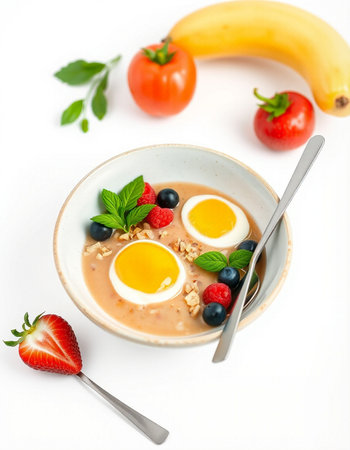 Healthy breakfast bowl with oatmeal, strawberries, blueberries, banana and eggsの写真素材