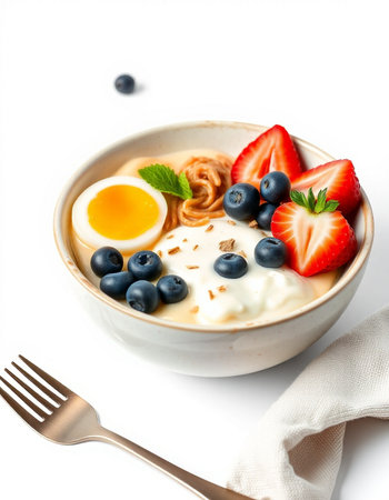 Healthy breakfast bowl with yogurt, berries and egg isolated on whiteの写真素材