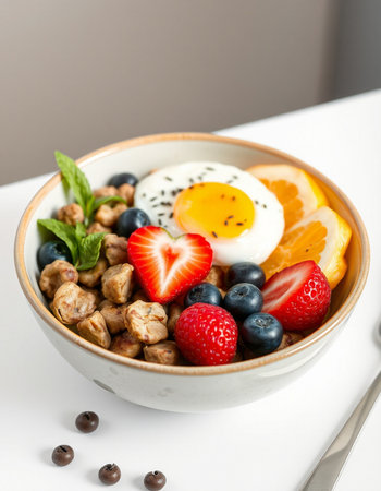 Bowl of cereal with fresh berries and fried egg on white backgroundの写真素材
