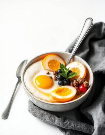 Healthy breakfast with oatmeal, berries and eggs on white backgroundの写真素材