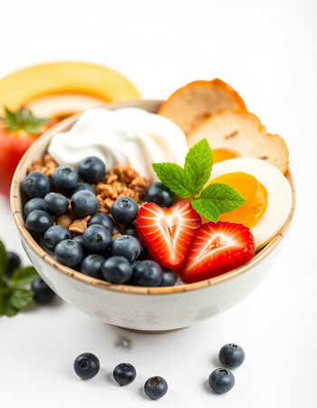Healthy breakfast with granola, yogurt and berries on white backgroundの写真素材