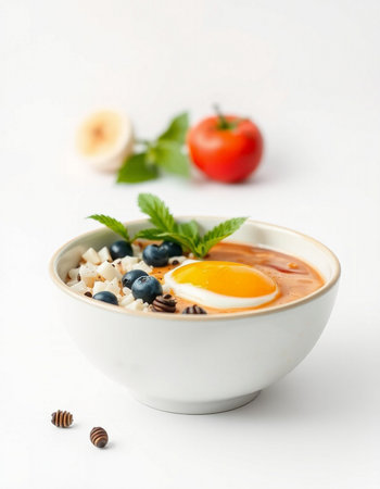 Healthy breakfast bowl with omelet, blueberries, banana and strawberries on white backgroundの写真素材