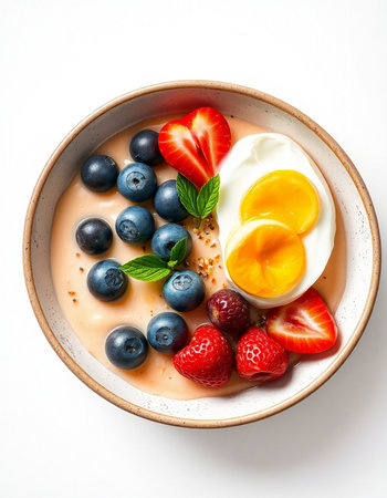 Breakfast bowl with oatmeal, strawberries, blueberries and eggの写真素材