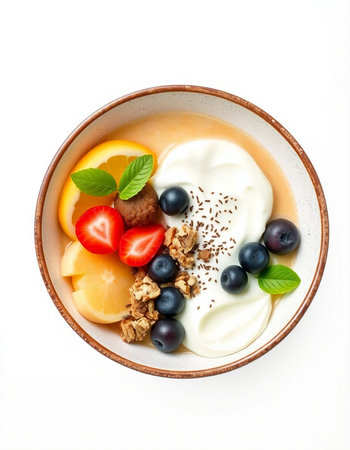 bowl of muesli with yoghurt and fruits isolated on white background