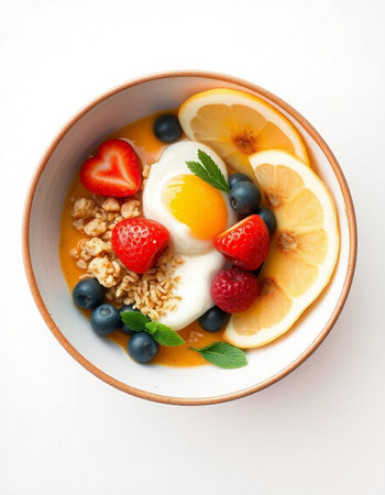 Healthy breakfast bowl with oatmeal, fresh berries and soft-boiled egg