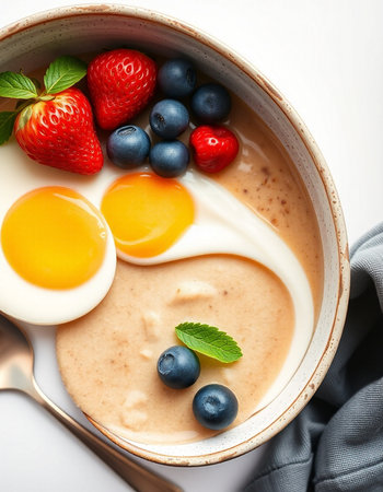 Healthy breakfast bowl with oatmeal, eggs and berries on white backgroundの写真素材