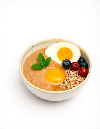Bowl of oatmeal porridge with berries and egg on white background
