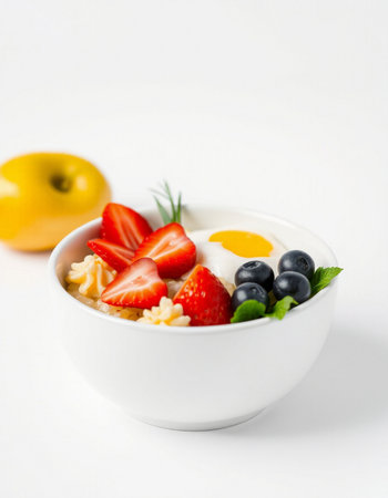 Healthy breakfast with berries and fruits on white backgroundの写真素材