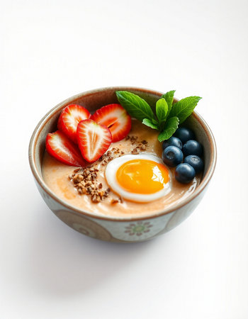 Healthy breakfast bowl with oatmeal, yogurt, berriesの写真素材