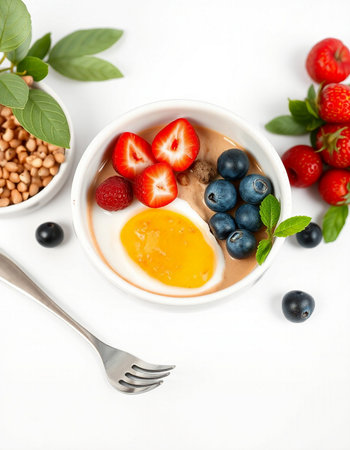 Healthy breakfast bowl with oatmeal, berries and eggs on white backgroundの写真素材