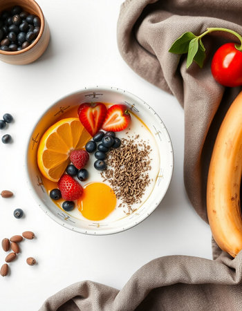 Healthy breakfast bowl with oatmeal, berries and fruits on white backgroundの写真素材