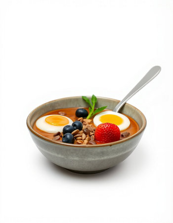 soup with strawberries and blueberries in a bowl isolated on white backgroundの写真素材