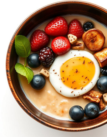 Bowl of oatmeal porridge with berries and egg, top viewの写真素材
