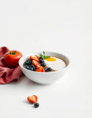 A bowl with strawberries and blueberries on a white backgroundの写真素材