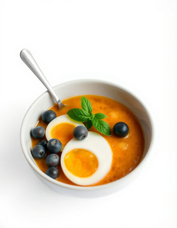 soup with fresh blueberries and egg in bowl isolated on white backgroundの写真素材