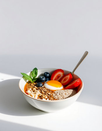Healthy breakfast. Oatmeal porridge with berries and egg in bowl on white backgroundの写真素材