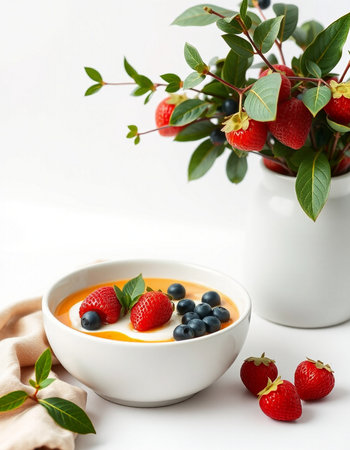 Greek yogurt with fresh berries in a white bowl on a white backgroundの写真素材