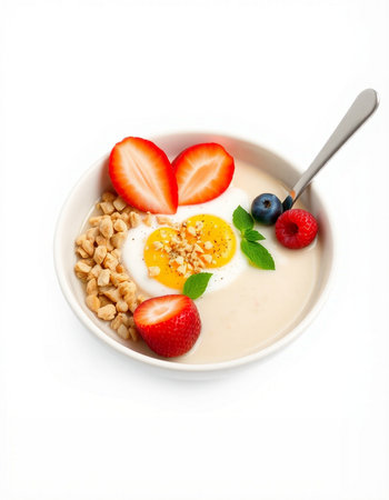 Healthy breakfast with strawberries and blueberries on white backgroundの写真素材